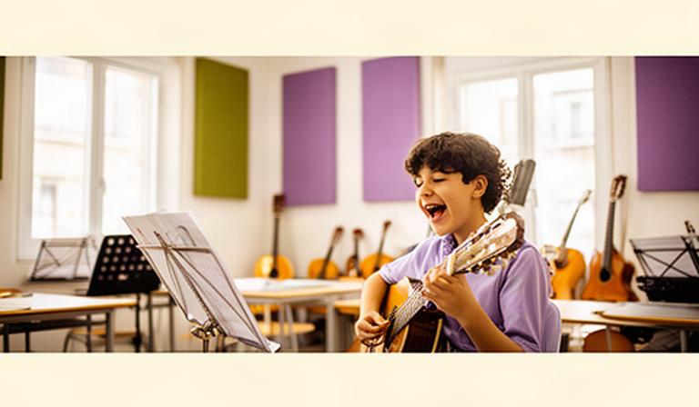 Estudiante de música practicando con su instrumento en un aula luminosa de Huesca